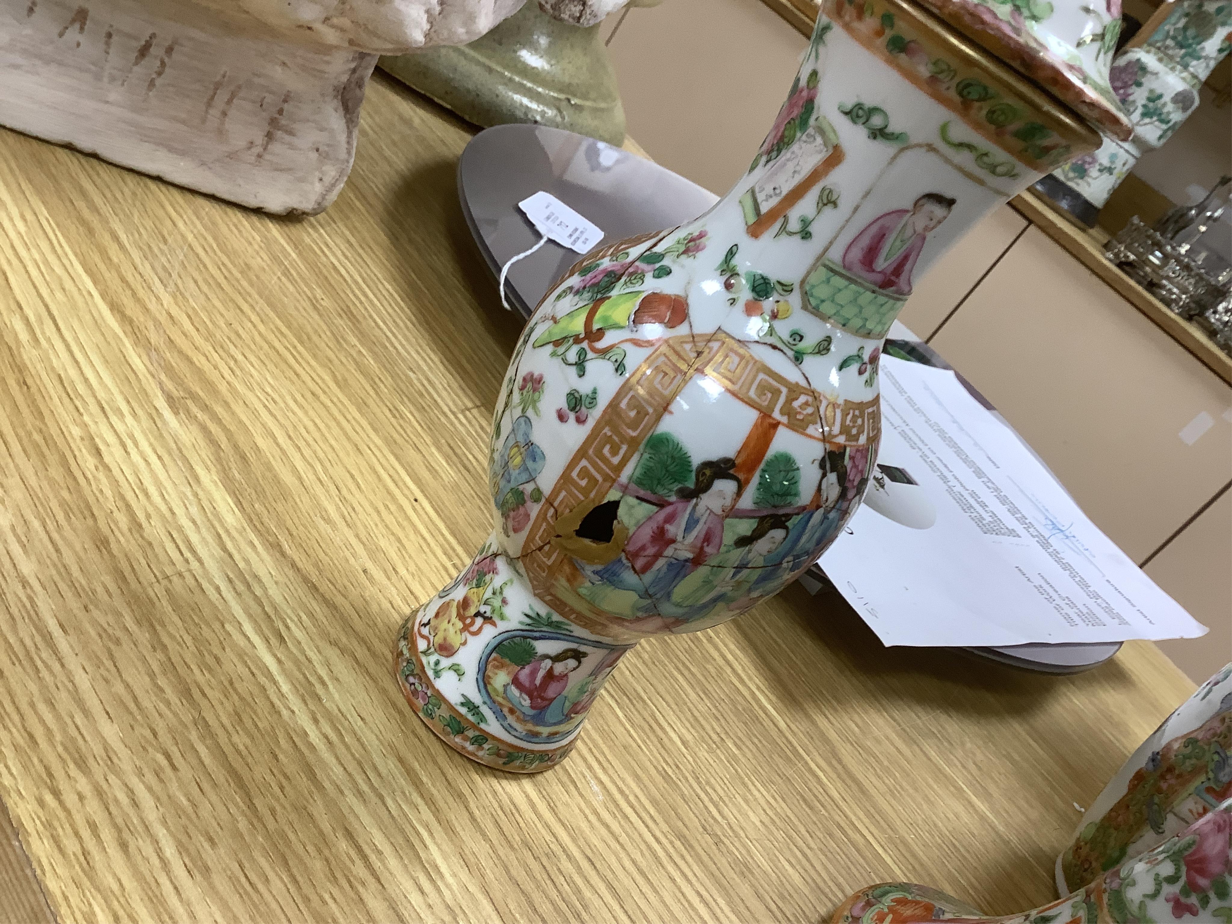 A group of 19th century and later Chinese famille rose porcelain vases and teapots, tallest 39cm high. Condition - poor